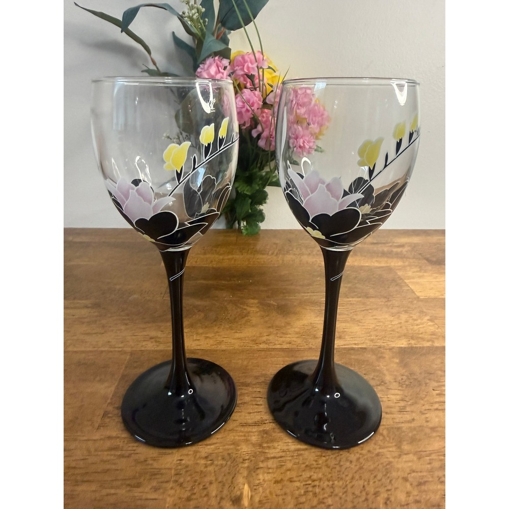 Luminarc France Domino Black Floral Wine Glasses Vintage French Stemware Anais